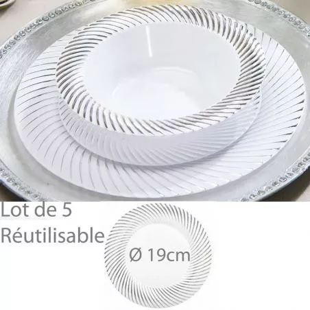 Assiette reutilisable argentée Lamée 19cm (lot de 5) Assiette reutilisable argentée Lamée 19cm (lot de 5)