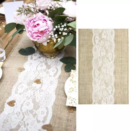 Chemin de table jute centre dentelle 30cmX3m Chemin de table jute centre dentelle 30cmX3m