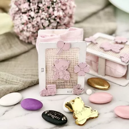 (12psc) Boite dragées naissance avec bourse - Rose (12psc) Boite dragées naissance avec bourse - Rose